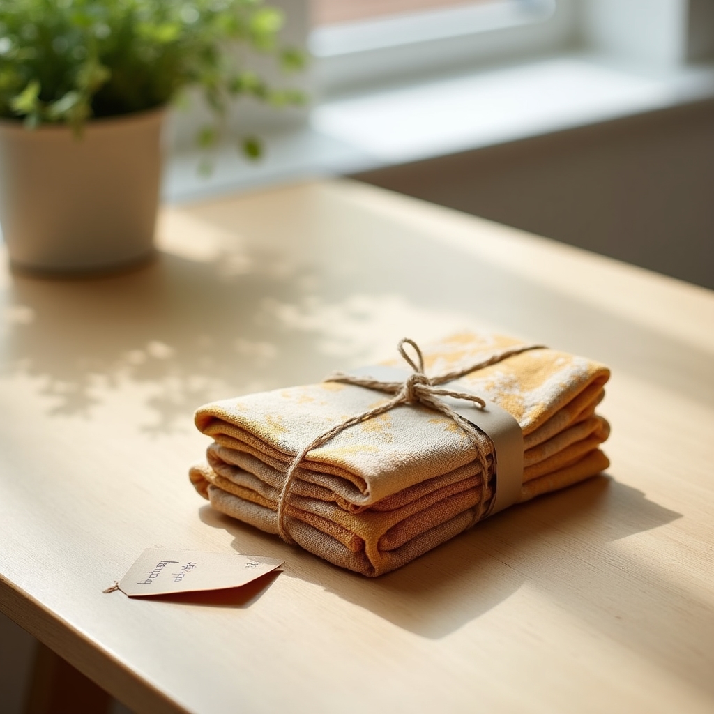 Einzelnes gefaltetes Halbleinen-Geschirrtuch, verpackt mit Papierbanderole als erstes Stück